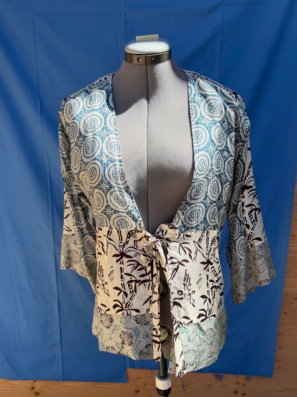 Central Park West Blue, Brown and Cream Silk Kimono Style Top